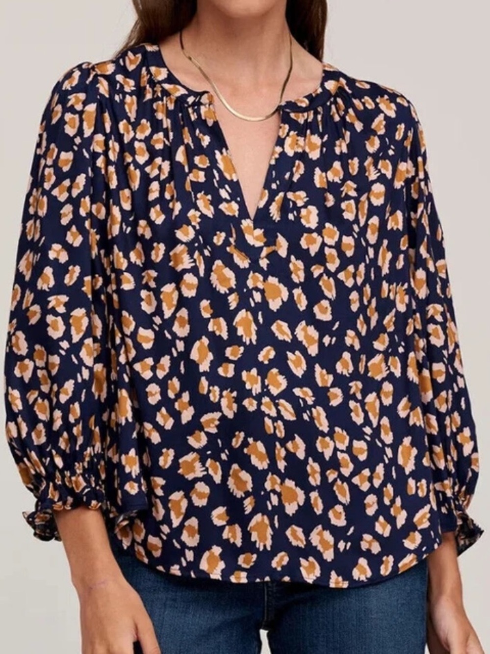 NWT VELVET Graham & Spencer Kacy V Neck Balloon Sleeve Cheetah Navy Top Size 3X